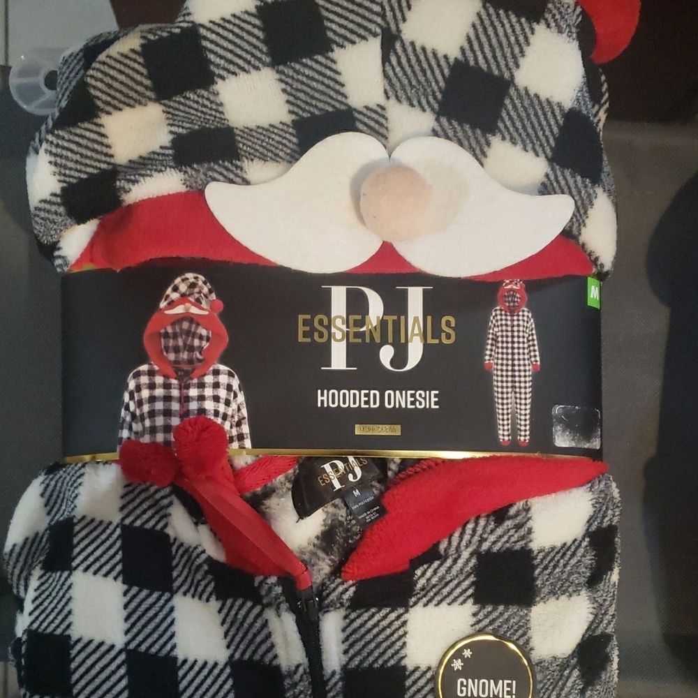 PJ Essentials Hooded GNOME Onesie in Black and White Plaid